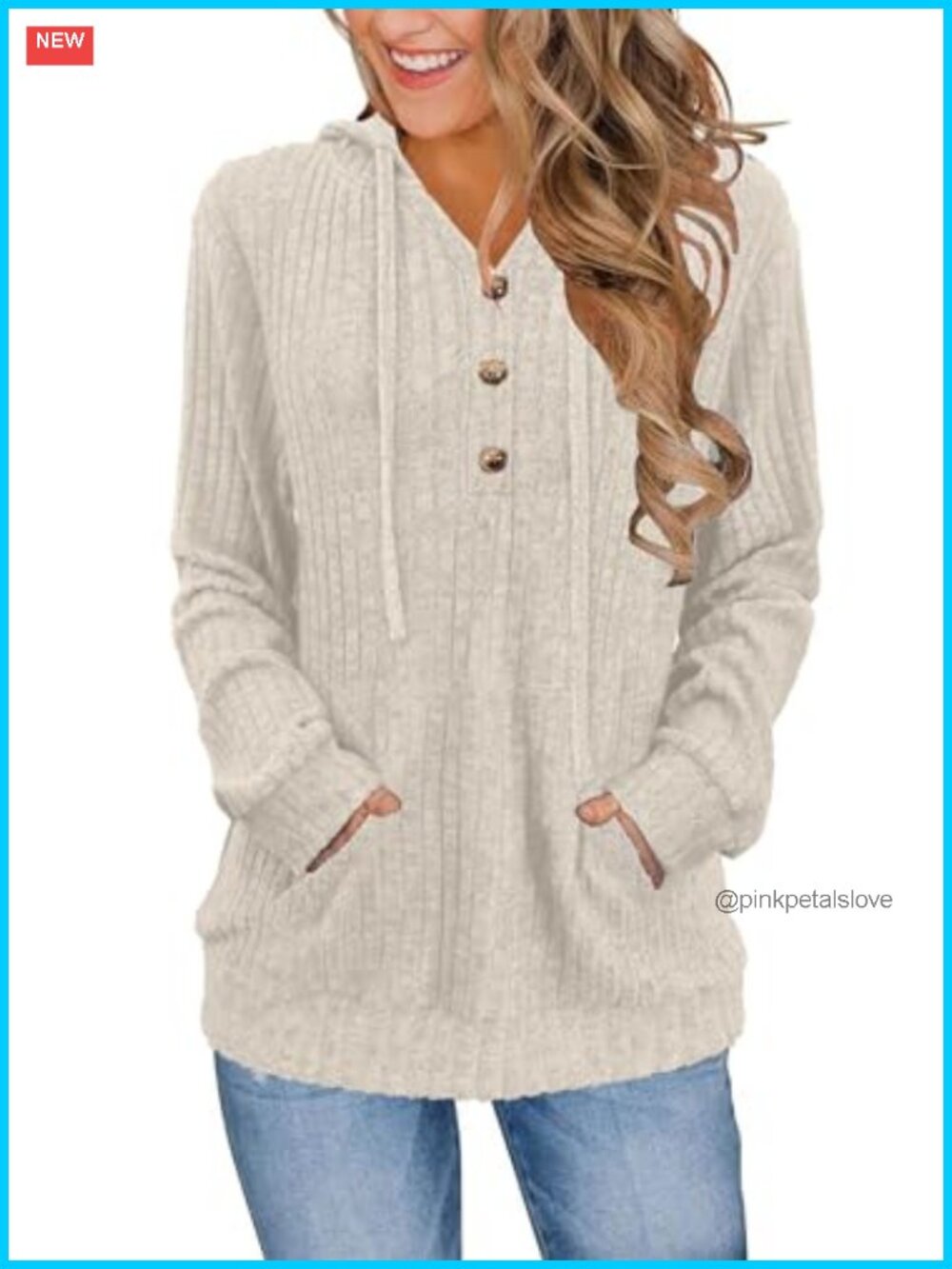 Womens Ribbed Knit Hoodie Henley Neck Pullover Sweater Kangaroo Pocket